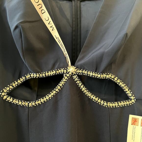 Mac Duggal 2630 Plunge Neck Puff Sleeve Cut Out Gown Navy 8 UB - Picture 7 of 8